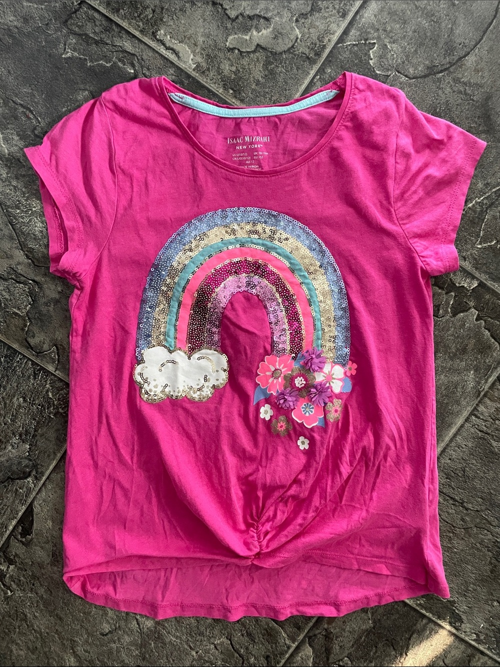 ISAAC MIZRAHI Bright Pink Sequin Rainbow & Floral Appliqué Girly Cute T-Shirt